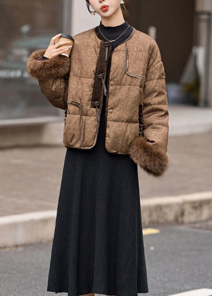 New Coffee Fur Patchwork Duck Down Short Coat Winter