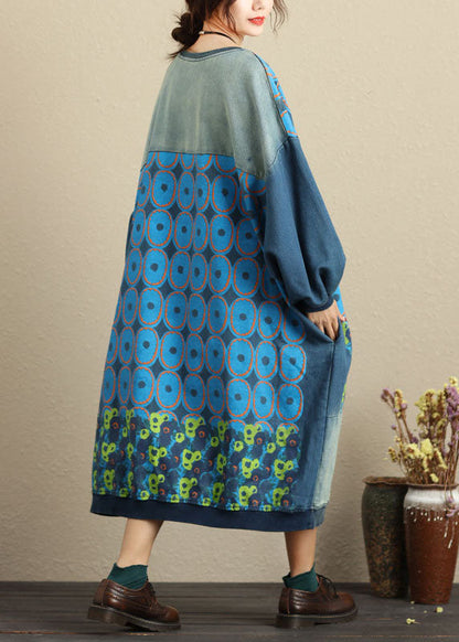 Fine Blue Pockets Print Patchwork Loose Jumpsuit Spring