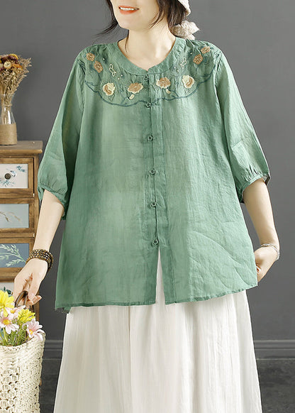 Chinese Style Khaki Embroideried Linen Shirt Tops Lantern Sleeve