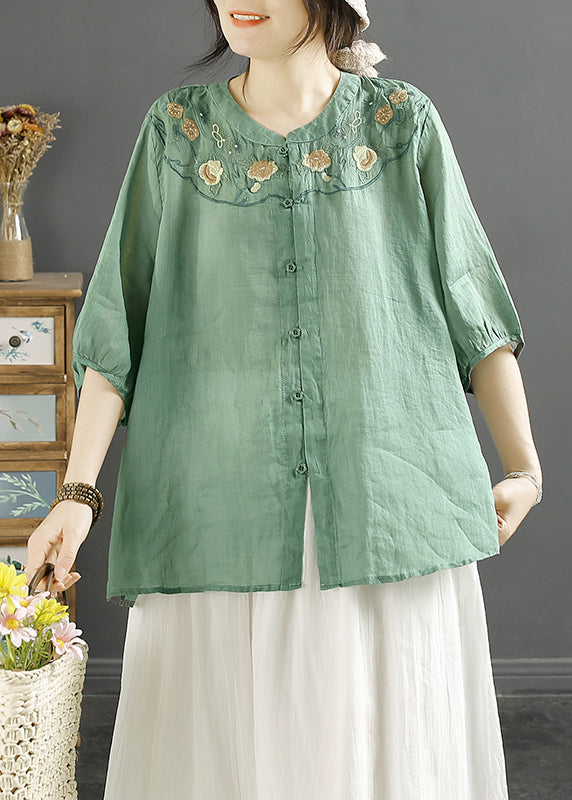 Chinese Style Khaki Embroideried Linen Shirt Tops Lantern Sleeve