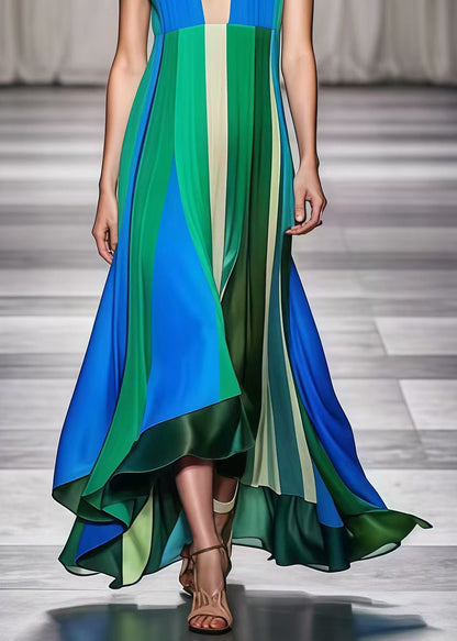 Colorblock V Neck Patchwork Exra Large Hem Silk Ankle Dress Summer