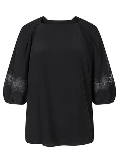 Black Slash Neck Patchwork Lace Blouses Half Sleeve
