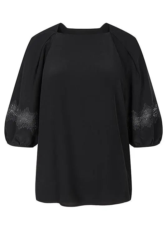Black Slash Neck Patchwork Lace Blouses Half Sleeve