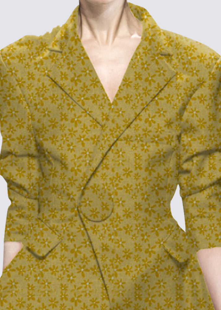 Natural Yellow Button Peter Pan Collar Print Western-style Clothes Coat Long Sleeve