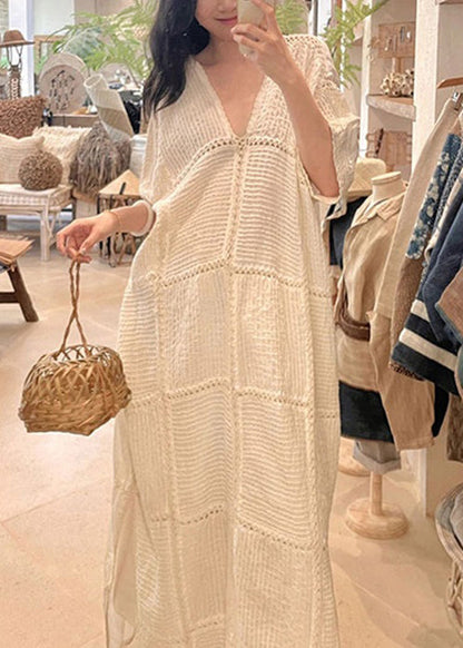 White V Neck Hollow Out Side Open Knit Dresses Half Sleeve Summer
