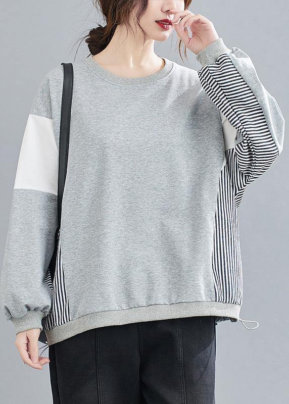 O Neck Patchwork Striped Spring Top Silhouette Sewing Blue Blouses