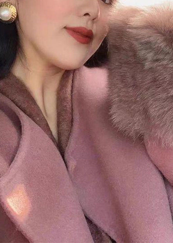 Lotus Root Pink Color O-neck Woolen Maxi Coats Long Sleeve