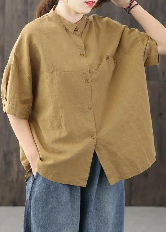 Yellow Peter Pan Collar Asymmetrical Design Cotton Linen Shirts Summer