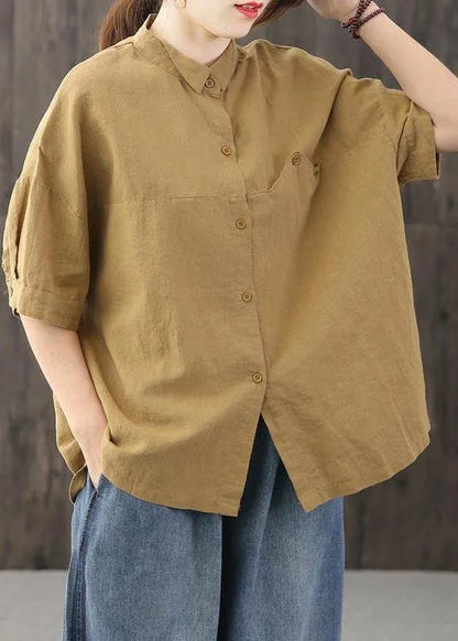 Yellow Peter Pan Collar Asymmetrical Design Cotton Linen Shirts Summer