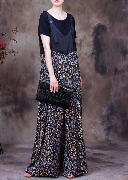 Black Patchwork Print Pockets Silk Overalls Jumpsuit Two Pieces Set Summer
