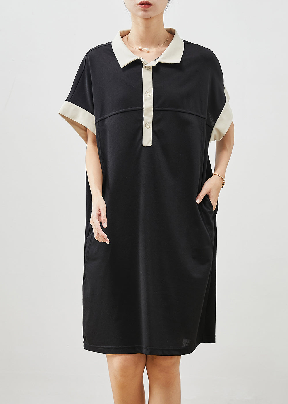 Stylish Black Oversized Pockets Cotton Pullover Dress Summer
