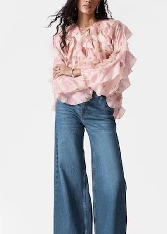 Pink Ruffled Patchwork Chiffon Shirt Tops Fall