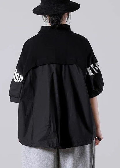 Art Black Graphic Patchwork Cotton Summer Blouse Top