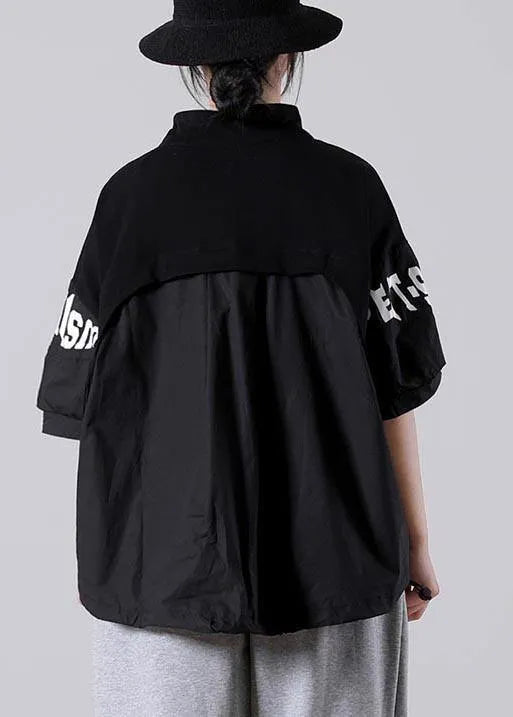 Art Black Graphic Patchwork Cotton Summer Blouse Top