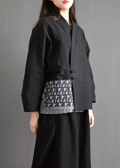 Black V Neck Pockets Patchwork Fine Cotton Filled Coat Batwing Sleeve