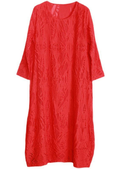 Organic Red Jacquard O-neck Loose Silk Dress Summer