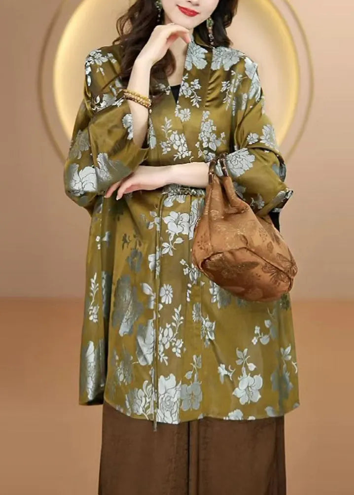 Green V Neck Button Print Silk Shirts Top Fall