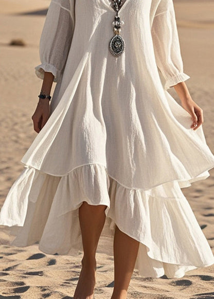 White Oversized Patchwork Cotton Maxi Dresses Bracelet Sleeve Summer