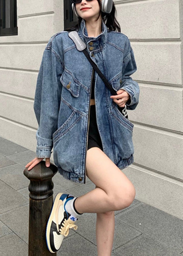 Blue Stand Collar Zip Up Pockets Denim Coat Spring