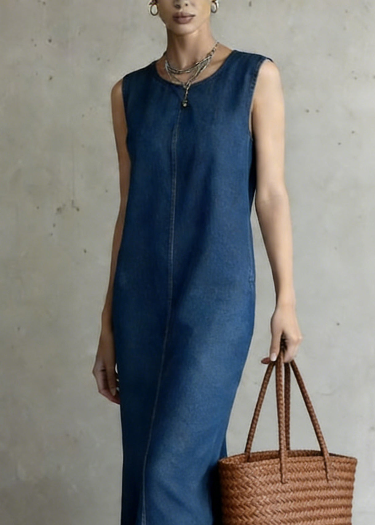 Denim Blue O-neck Patchwork Long Dress Summe