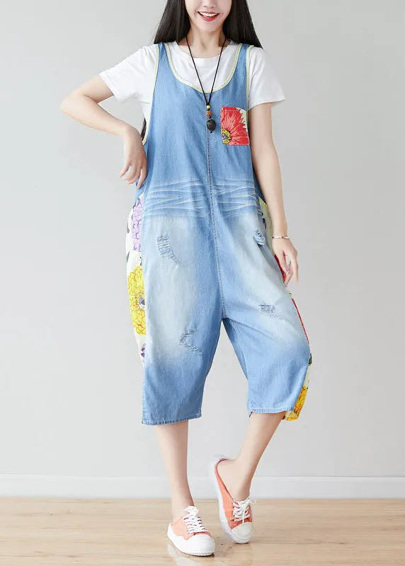 Light Blue Oversized Patchwork Print Cotton Denim Jumpsuits Summer