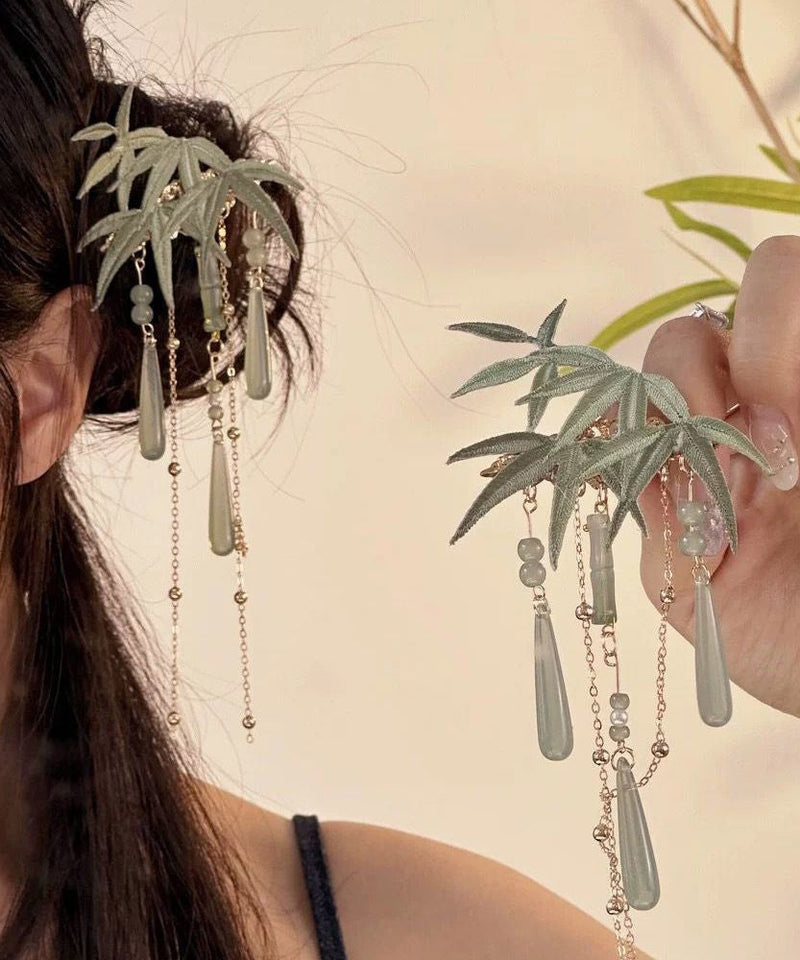Art Light Green Overgild Coloured Glaze Resin Tassel Hairpin
