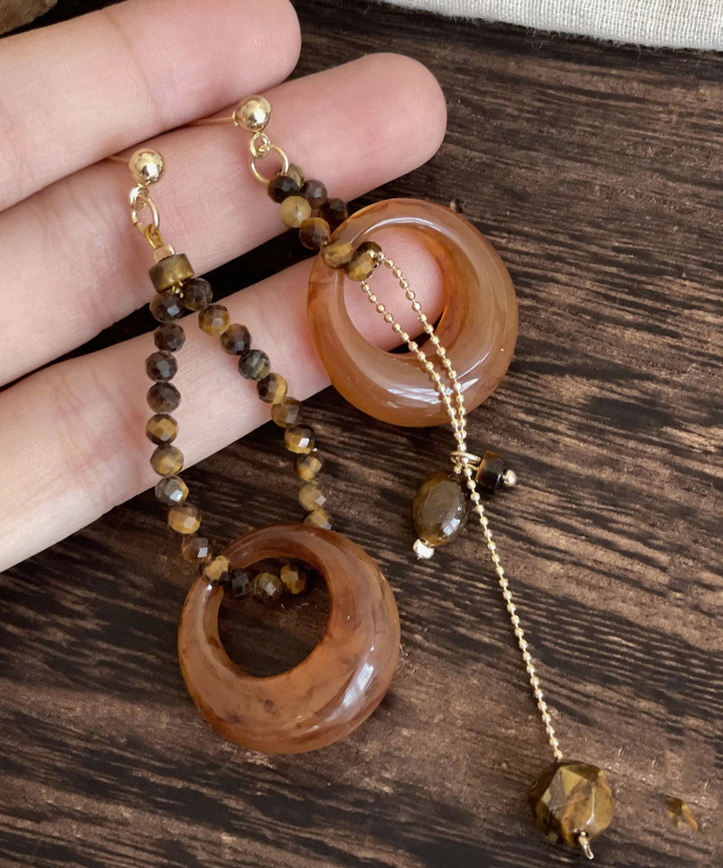 Brown Alloy Gem Stone Petal Tassel Asymmetric Drop Earrings