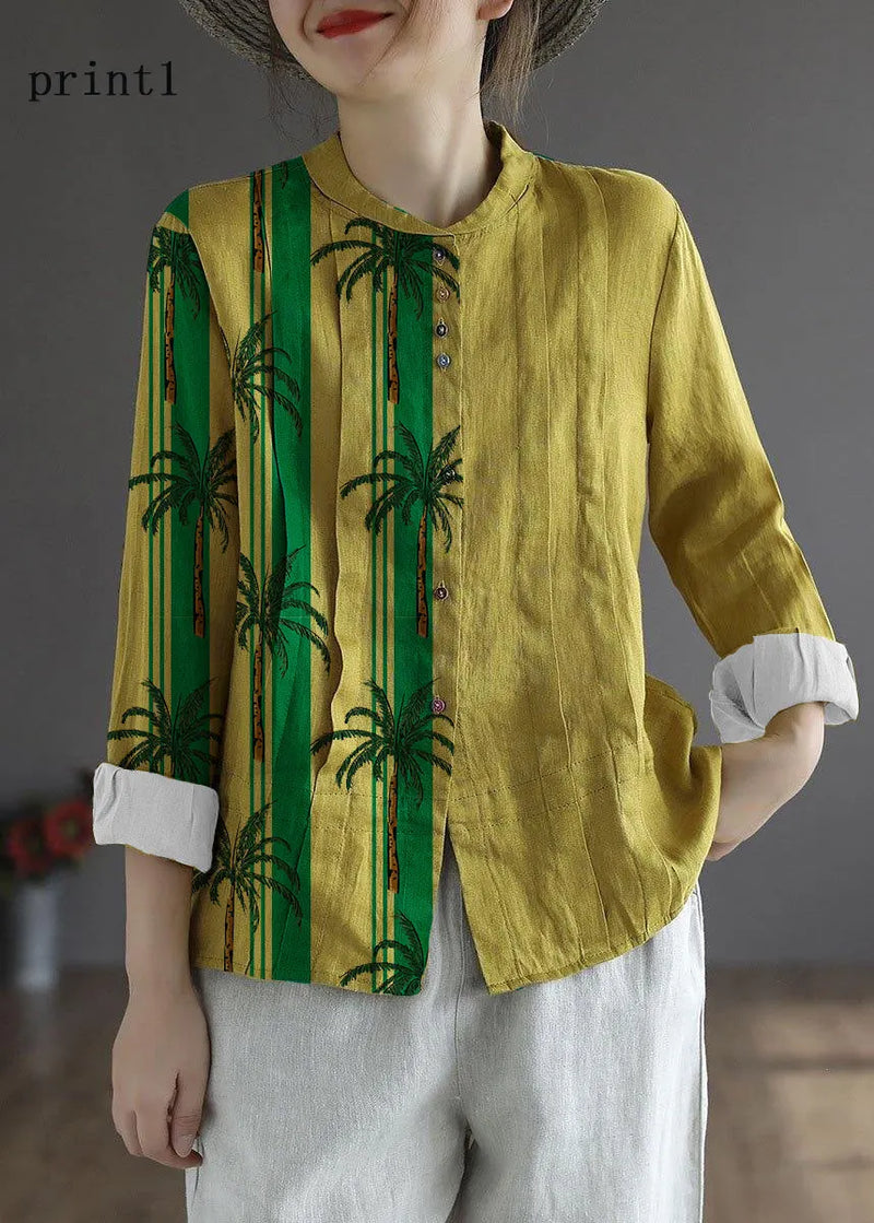 White Flower Button Fall Top Long Sleeve Linen