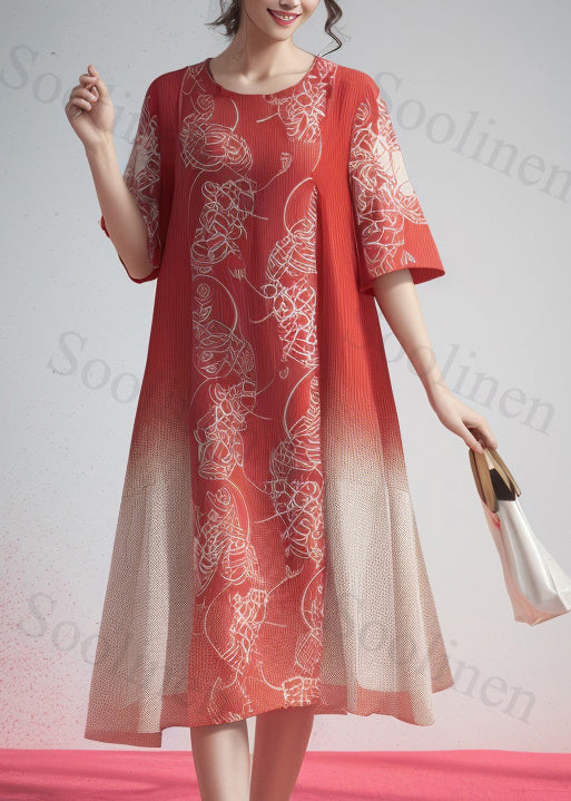 French Gradient Color O Neck Print Silk Dresses Summer