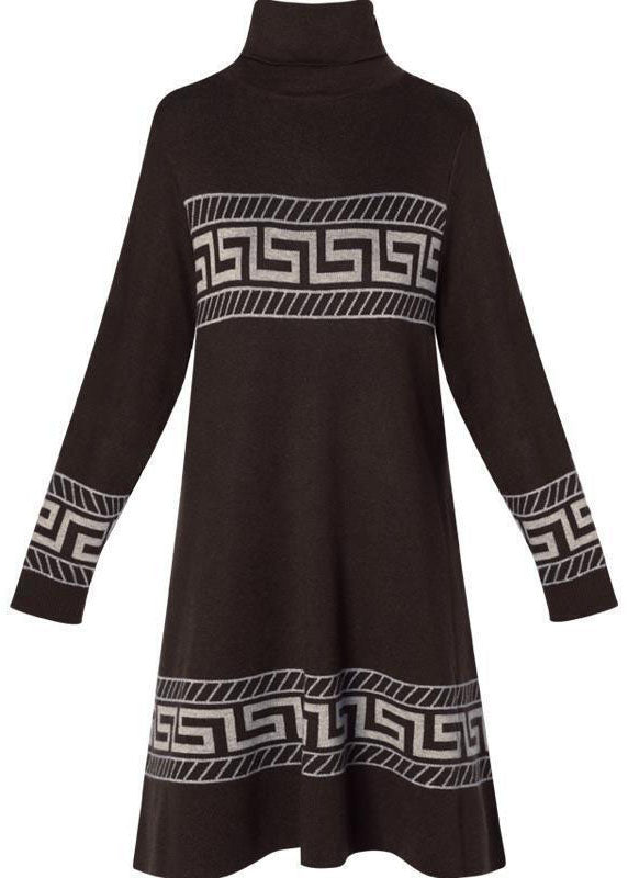 Chocolate Print Long a Line Dress Turtle Neck Long Sleeve