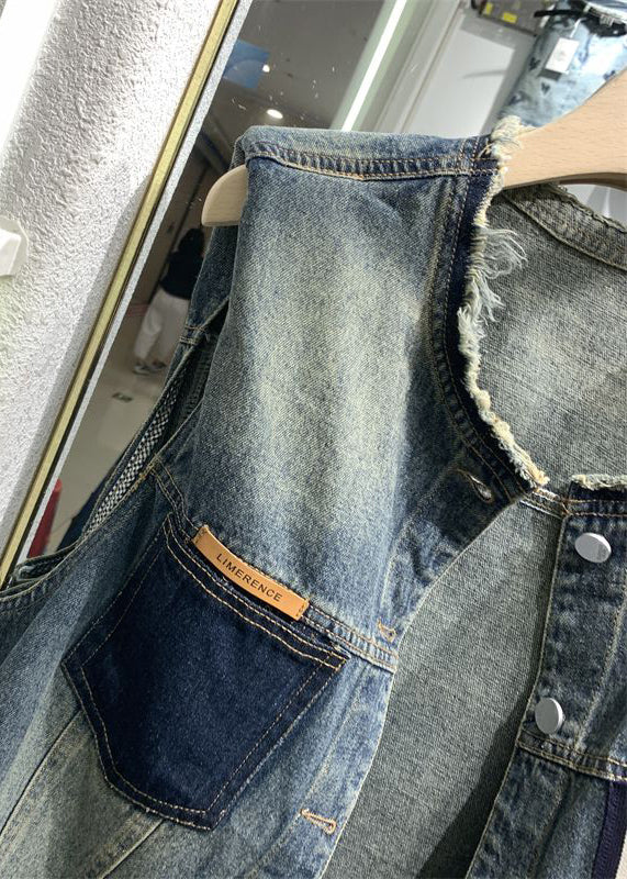 Blue O-neck Print Pockets Patchwork Waistcoat Sleeveless