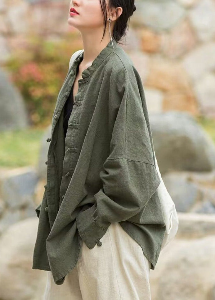 Loose Green Button Cotton Coats Long Sleeve