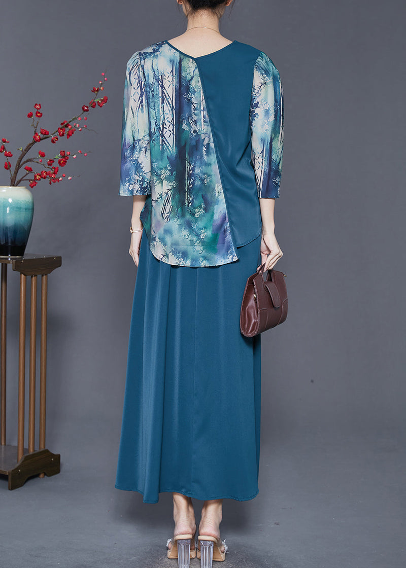 Navy Asymmetrical Patchwork Silk Oriental Dresses Two Piece Set Spring