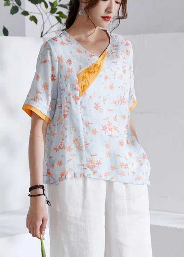 Modern Orange V-neck Patchwork Print Summer Ramie Top