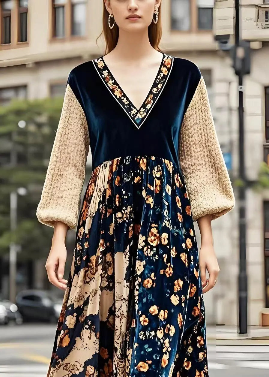 V Neck Patchwork Print Silk Velour Maxi Dresses Spring