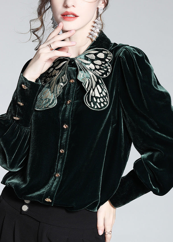 Diy Blackish Green Butterfly Peter Pan Collar Silk Velour Shirt Long Sleeve