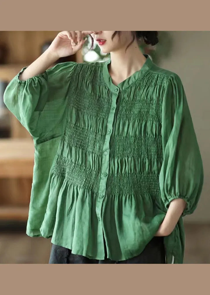 Green Stand Collar Wrinkled Patchwork Cotton Shirt Summer