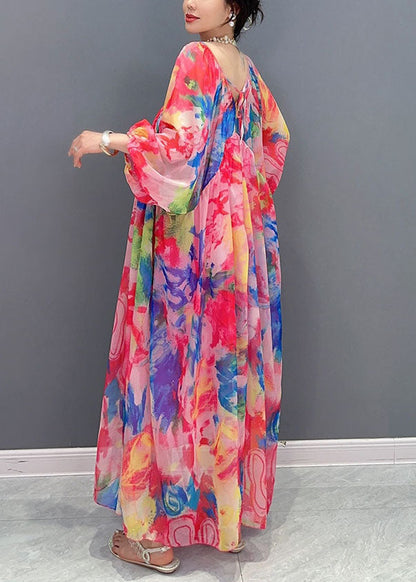 Wrinkled Lace Up Patchwork Chiffon Long Dress Summer