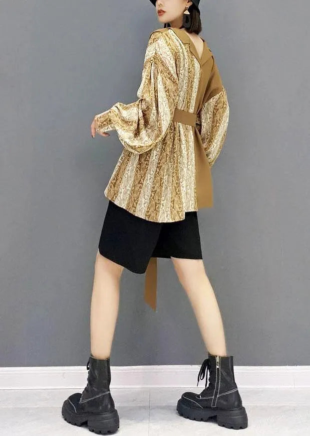 Organic Khaki Fall Patchwork Tie Waist Long Sleeve Top