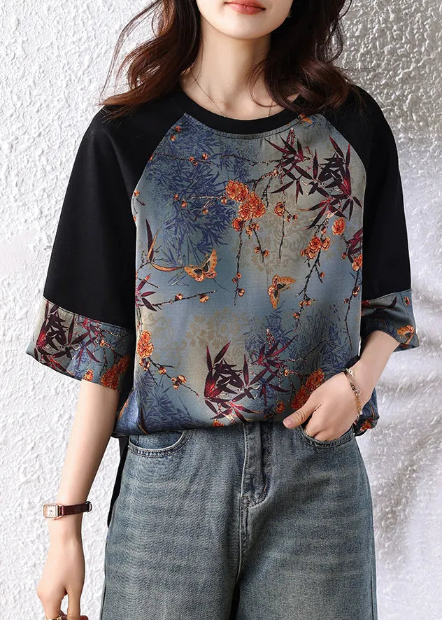 New Retro Navy Patchwork Print Cotton Tops Half Sleeve