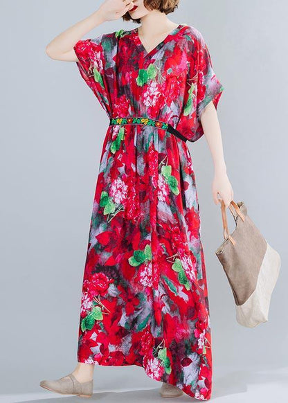 Classy V Neck Tie Waist Summer Tutorials Red Print Art Dress