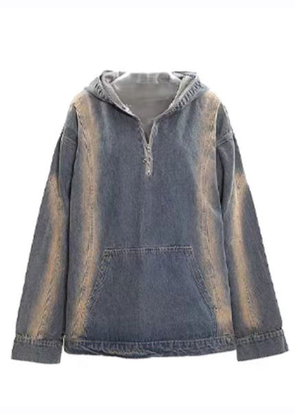 Denim Blue Zippered Patchwork Hoodie Coat Fall