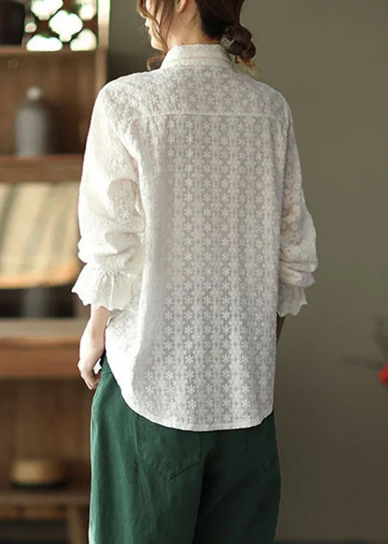 Classy White Peter Pan Collar Embroideried Cotton Shirts Top Long Sleeve