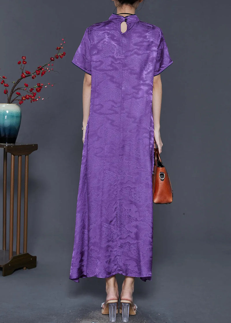Purple Embroidered Jacquard Silk Vacation Dresses Summer