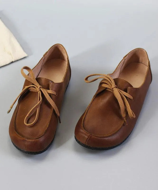 Soft Flat Shoes Brown Cowhide Leather Loafers for
