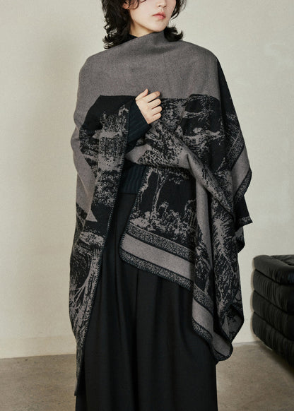 Organic Black V Neck Print Cotton Knit Shawl Coats Fall