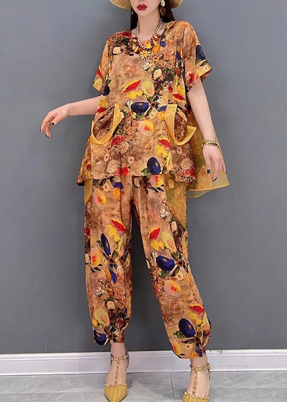 Yellow O-neck Print Tulle Patchwork Chiffon Tops and Pants Two Piece Set Clothing Short Sleeve