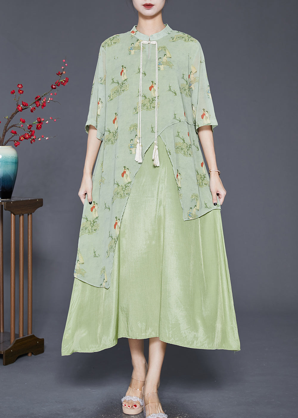 Green Tasseled Print Silk Long Dresses Summer