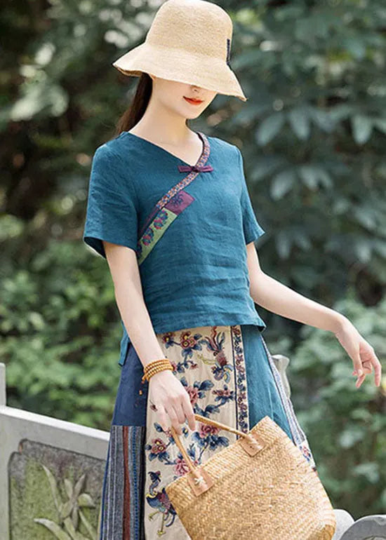 Peacock Blue Button V Neck Embroideried Linen Shirt Top Spring