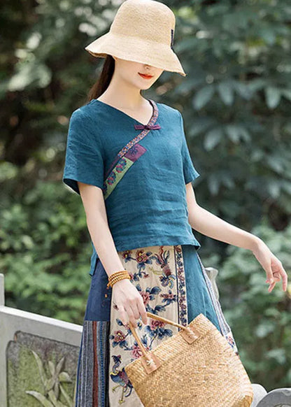 Peacock Blue Button V Neck Embroideried Linen Shirt Top Spring